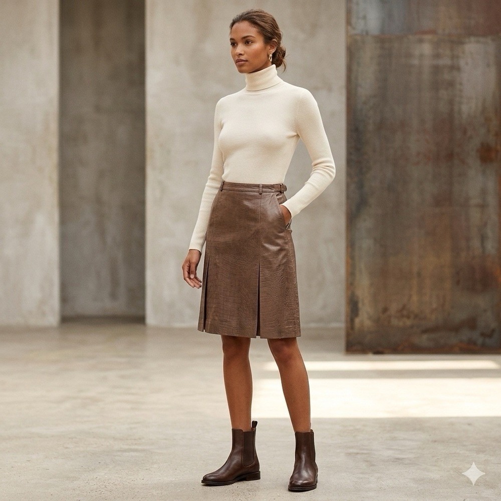 Ann Taylor Loft Sz 2 100% Soft Leather Brown Snake Croc Skirt Paneled Mob Wife